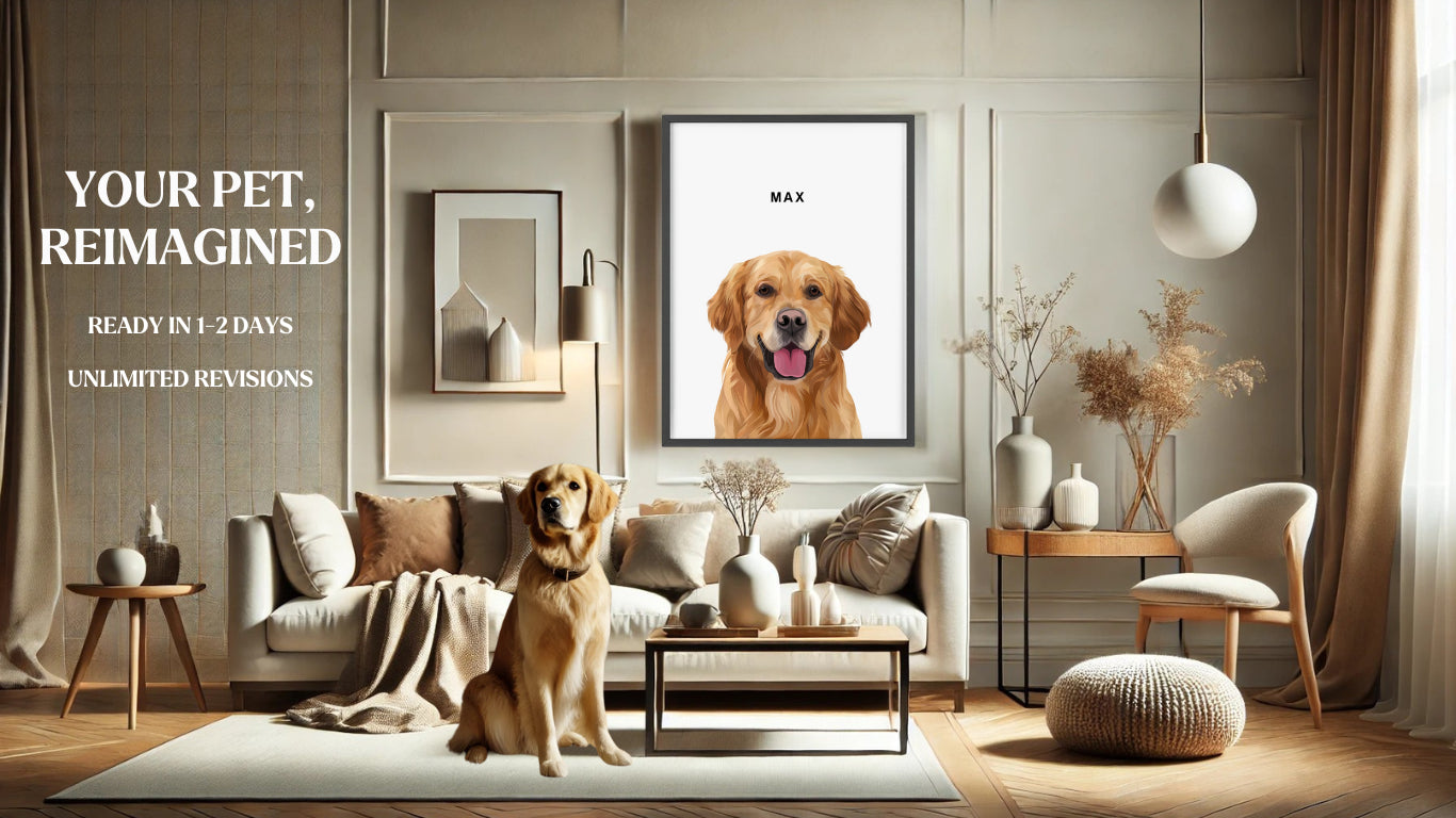 A dog sitting calmly in a living room with a framed picture visible in the background,Your Pet Reimagined Ready in 1 2 Days  Unlimited Revisions.