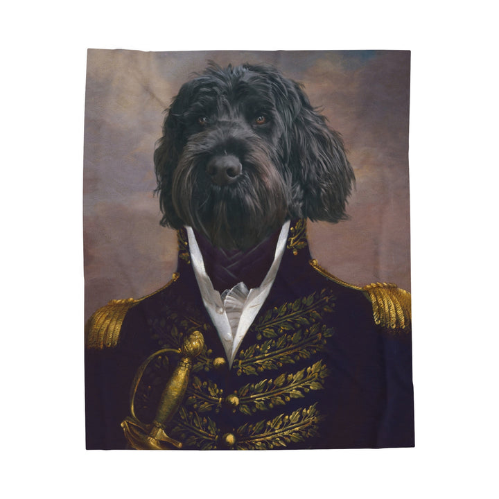 This blanket features "The Commodore" costume, depicting a noble and commanding portrait of a pet dressed in an 18th-century naval officer’s uniform. The regal attire, complete with gold embroidery and a commanding pose, makes it a luxurious and distinguished choice for pet portrait blankets.